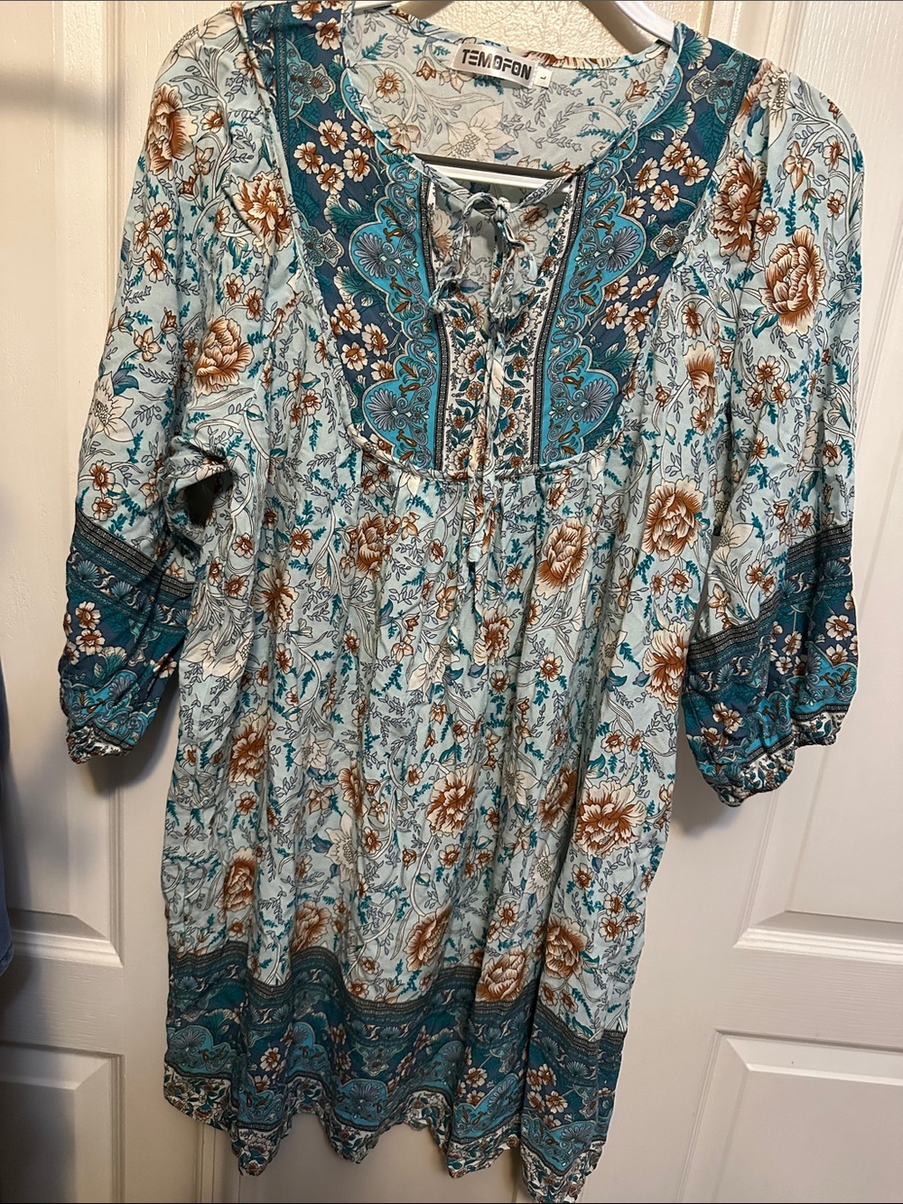 Light Blue Teal Floral Boho Tunic Dress